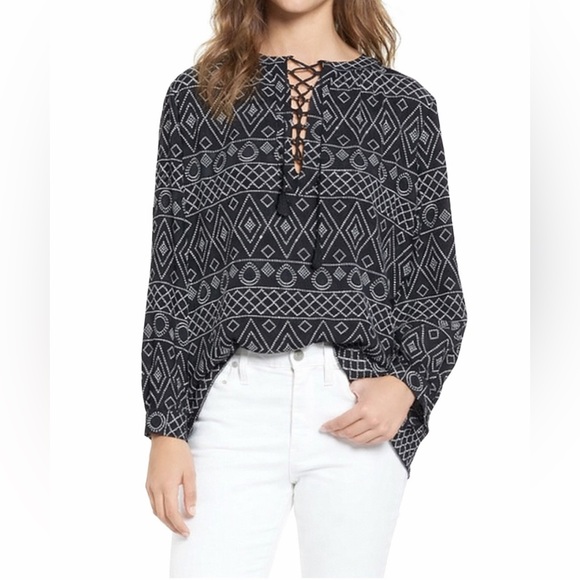 Madewell Lace-Up Boho Peasant Blouse Black White Caravan Print Small - Picture 10 of 10